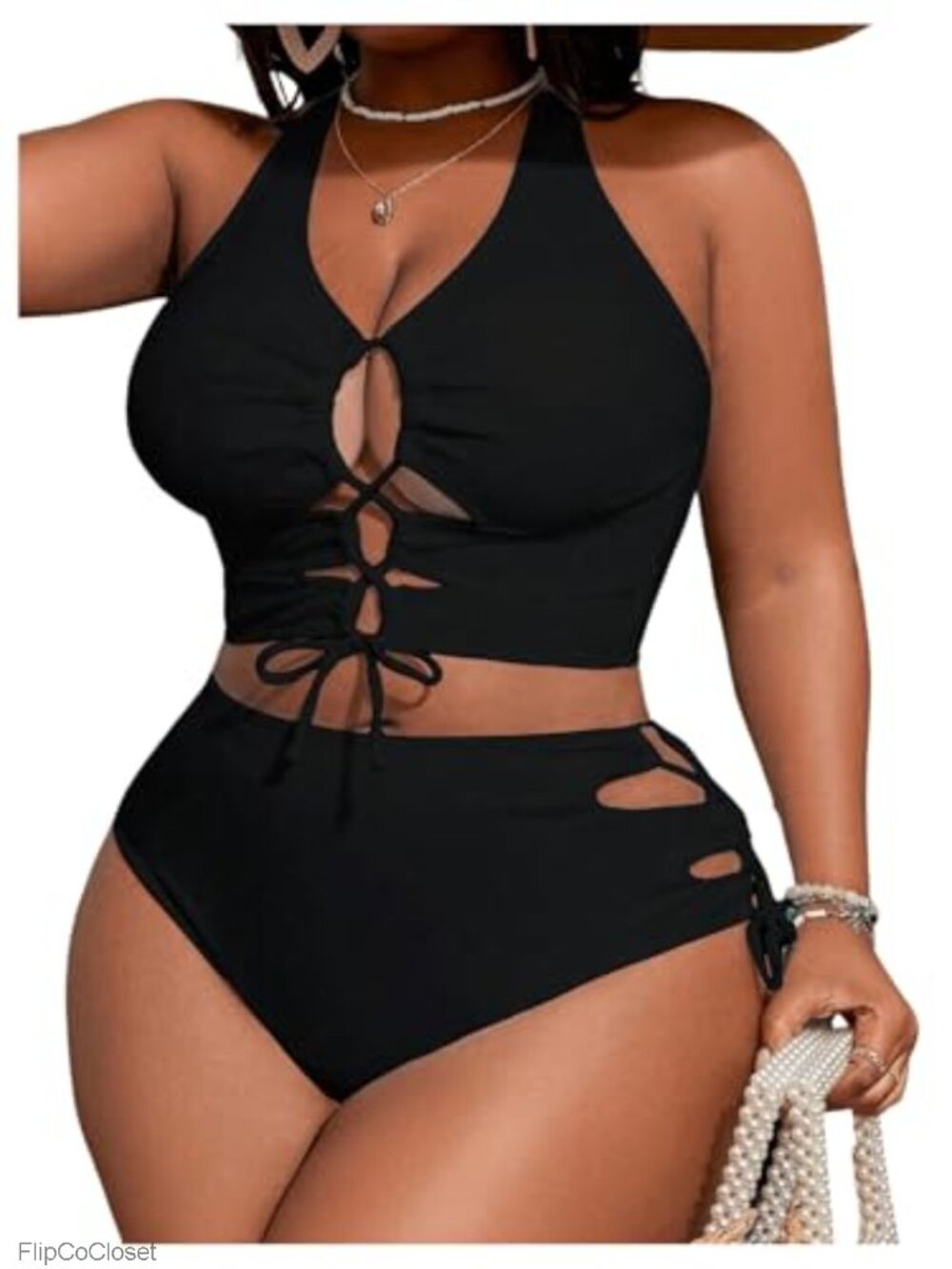 Plus Size Lace Up High Waist Bikini Set Soft Stretchy Swimsuit
